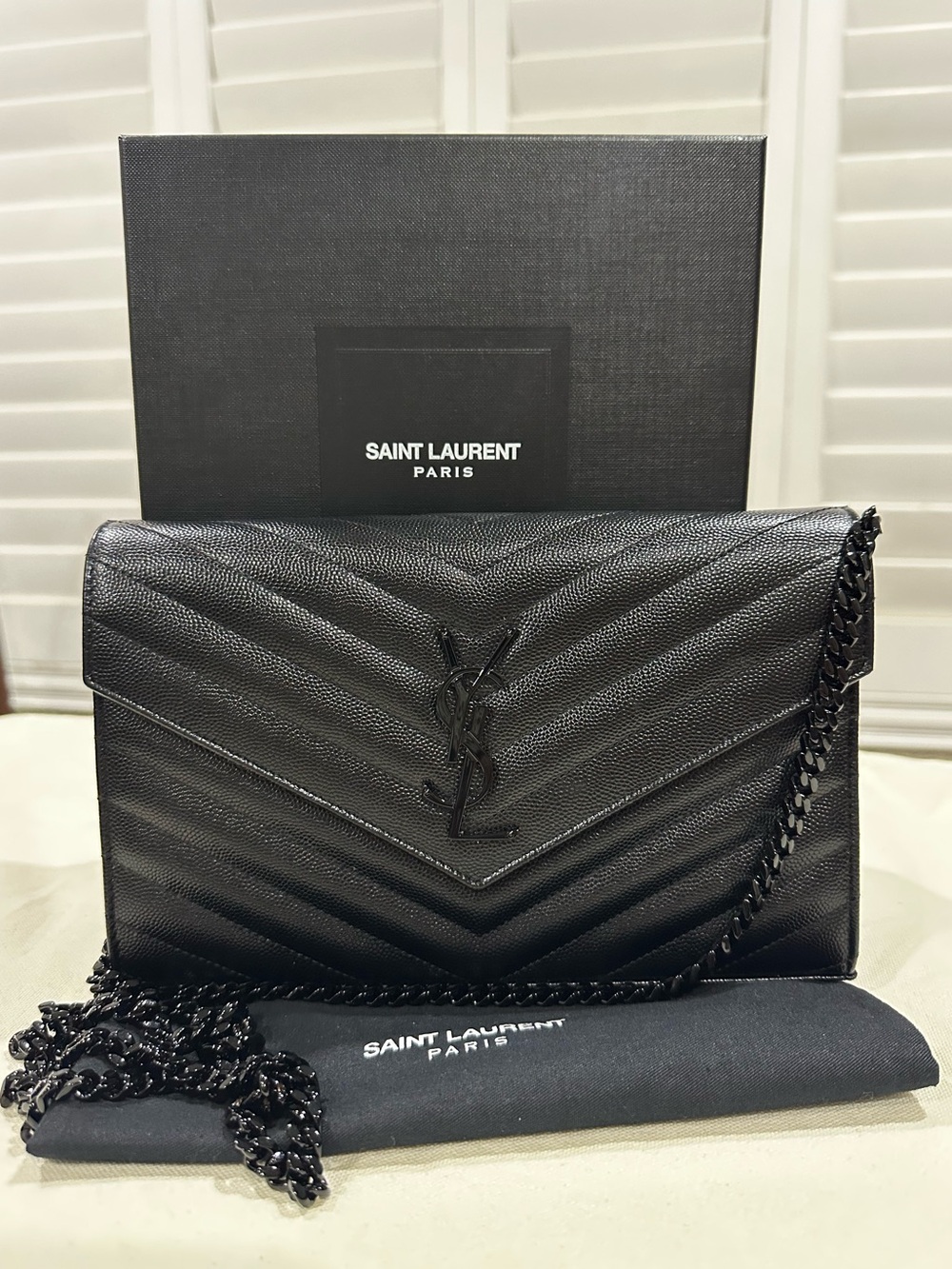 Saint Laurent Cassandre YSL Monogram Large Wallet on Chain in Grained Leather